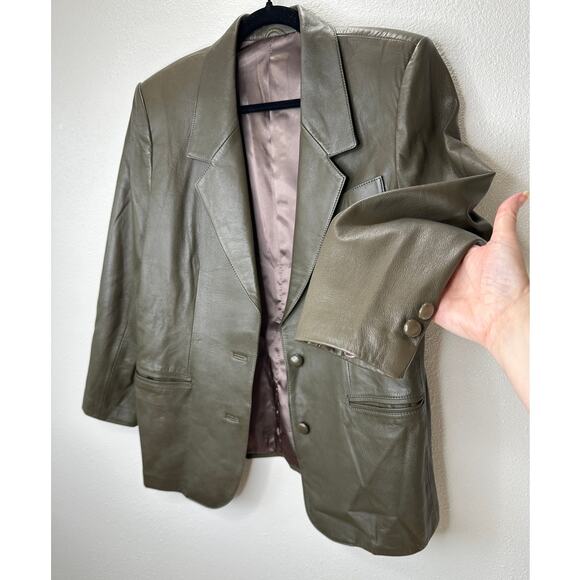 Faux Leather Green Brown Collared Front Button Blazer Jacket XL - Picture 1 of 16